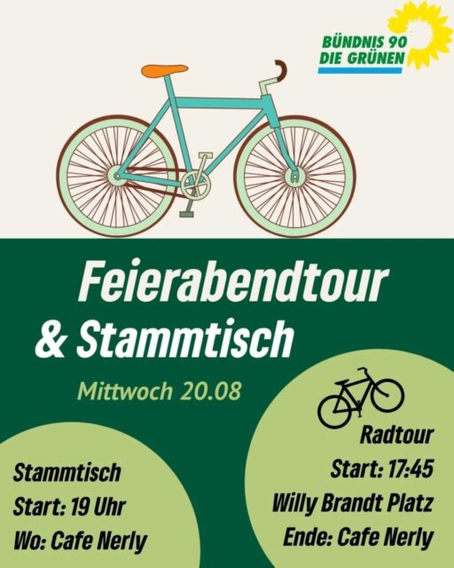 Entspannt in den Feierabend radeln🚴🏻 und danach um 19:00 Uhr ein frisches Getränk 🍹 beim Stammtisch im Café Nerly genießen.
Wenn sich das für dich gut anhört, dann sei dabei.
Wann? Mittwoch 20.08.25
Radtour Start um 17:45 Uhr am Willy Brandt Platz (12 km)
Stammtisch ab 19:00 im Café Nerly (Marktstraße 6).
Komm gerne dazu, wo und wann du willst. Wir freuen uns auf Dein Kommen 💚
#Stadtradeln #TeamGrünbewegt #grünbewegt