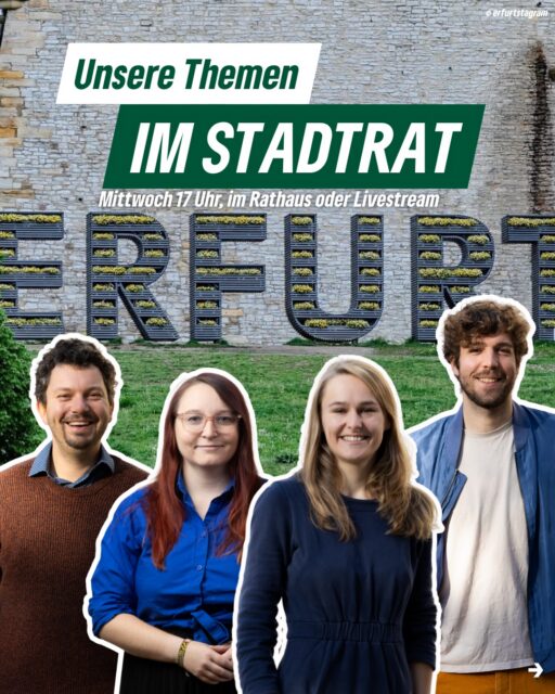 Am Mittwoch wird ab 17 Uhr im Erfurter Rathaus wieder über wichtige Themen für unsere Stadt diskutiert. Mit dabei sind mehrere Initiativen von uns, mit denen wir konkrete Verbesserungen für Erfurt anstoßen wollen:

❕Angebot von kostenlosen Periodenprodukten bis 2027 sichern – weil Grundbedarf kein Luxus ist.
❕Weniger digitale Werbescreens in der Altstadt – öffentlicher Raum ist Gemeingut, kein Dauerreiz.
❕Die Mitte-Deutschland-Verbindung endlich zweigleisig ausbauen & elektrifizieren – für starke, klimafreundliche Mobilität in Thüringen.

Dafür setzen wir uns im Stadtrat ein. Für ein Erfurt, das Menschen in den Mittelpunkt stellt. 💚

#erfurt #grüneerfurt #stadtrat #kommunalpolitik
