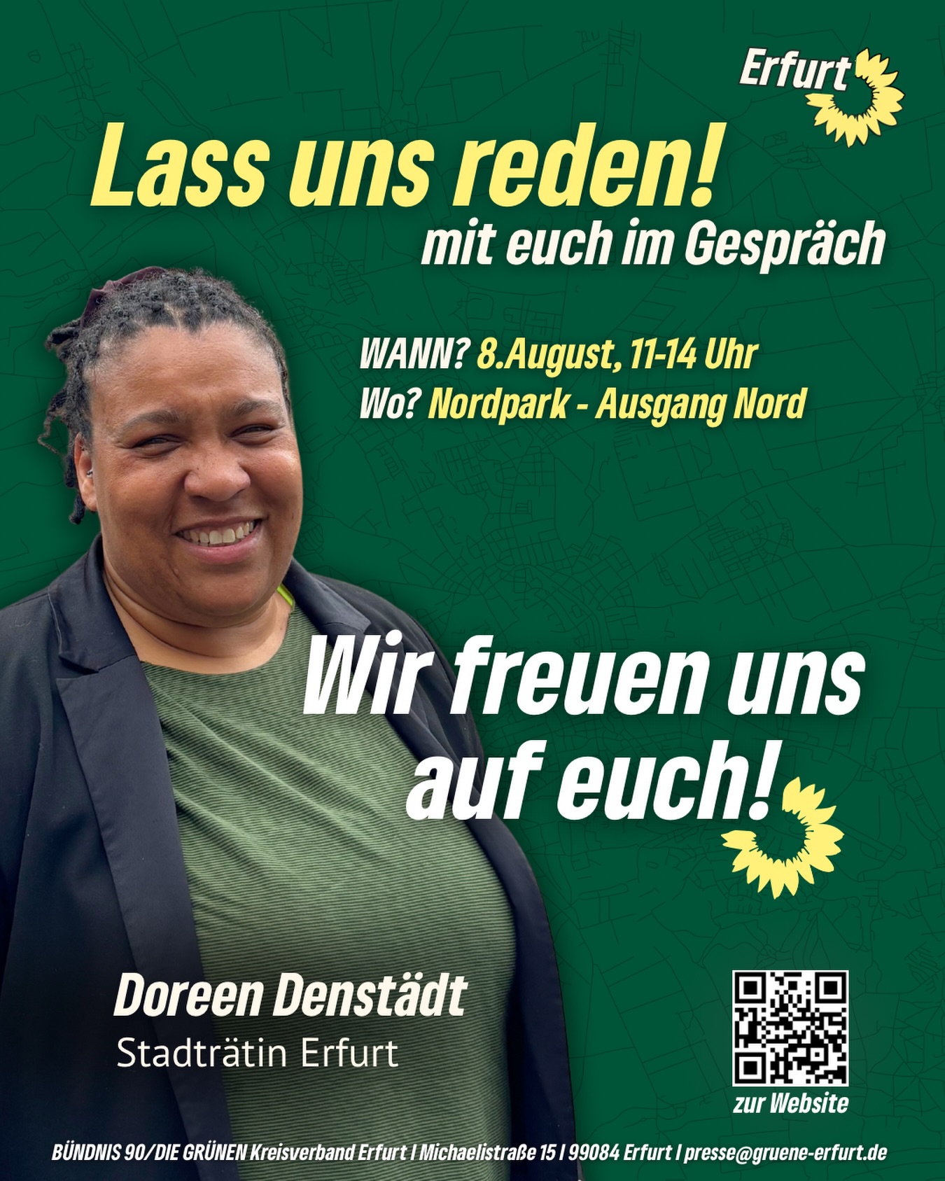 Erfurt, lass uns reden! Wir kommen dahin, wo ihr seid 🧑‍🧑‍🧒‍🧒🗯️

Am 8. August 🗓️ ist Doreen Denstädt im Nordpark 🌳 – am Ausgang Nord, von 11 bis 14 Uhr 🕑 

Kein Podium, keine Bühne, kein Vortrag. Einfach Gespräch: Was läuft gut in eurem Viertel, was nervt euch, wo hakt es? Kommunalpolitik entsteht nicht im Rathaus, sondern da, wo Menschen leben.

Bringt eure Fragen mit. Und gern auch eure Kritik.

📍 Nordpark, Ausgang Nord
🗓 8. August, 11–14 Uhr

#erfurt #grüneerfurt #grünwirkt #grüneimstadtrat #lassunsreden