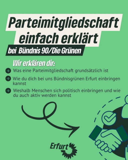 Politik lebt davon, dass Menschen mitmachen. 💚
Mit einer Parteimitgliedschaft kannst du nicht nur zuschauen, sondern aktiv mitgestalten: Ideen einbringen, mitdiskutieren, abstimmen und unsere Stadt bewegen. 🌻

Du willst wissen, wie das bei uns in Erfurt aussieht?
Dann swipe durch 👉

#erfurt #grüneerfurt #parteimitgliedschaft #diegrünen #bündnis90diegrünen 
@die_gruenen 
@gruene_th