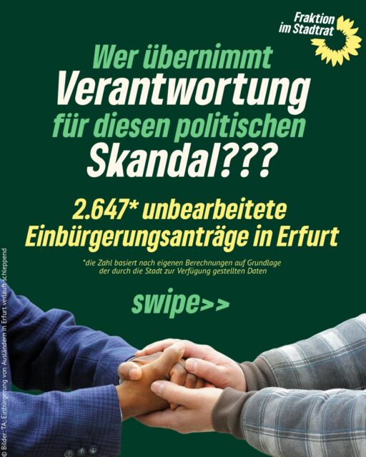 Wer übernimmt Verantwortung für diesen politischen Skandal?🤔

Der Oberbürgermeister Andreas Horn hat die Stellenausschreibung für das Standesamt zurückgezogen, während die CDU und SPD die Bereitstellung von Haushaltsmitteln ❌ abgelehnt haben. Alternativen, wie eine vorübergehende Personalumsetzung, bleiben ungenutzt.
Die Hauptleidtragenden sind die Migrant*innen sowie die Mitarbeitenden des Standesamtes.

Der Oberbürgermeister muss in seiner Verwaltung personelle Konsequenzen ziehen, wenn in den Dezernaten niemand bereit ist eine Lösung für die
unerträgliche Situation zu finden‼️

#erfurt #grüneerfurt #grüneimstadtrat #einbürgerung #einbürgerrungsstau