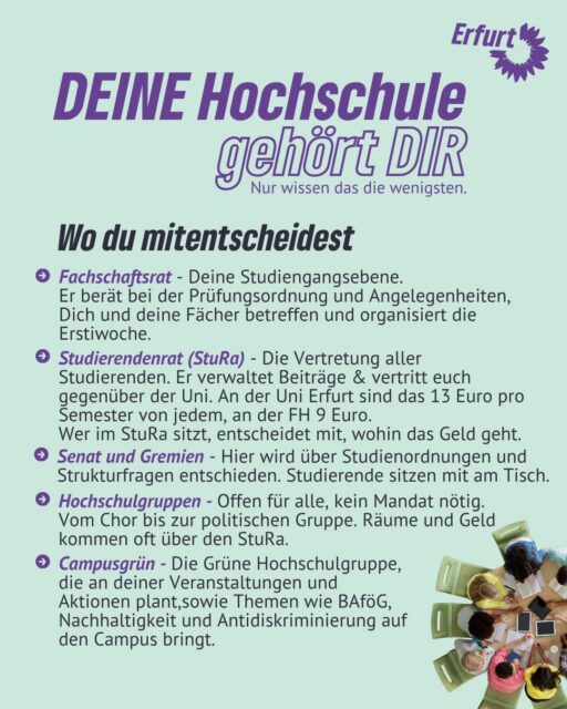 Deine Hochschule gehört DIR! 💜

Du willst an deiner Hochschule etwas bewegen? 
Dann bring dich ein! ✊✨

Ob Fachschaftsrat, Studierendenrat (StuRa), Senat, Hochschulgruppen oder Campusgrün – es gibt viele Möglichkeiten, deine Ideen einzubringen, mitzuentscheiden und das Campusleben aktiv mitzugestalten. 🎓

Und das Beste: Du musst nicht direkt ein Amt übernehmen! 👀 Du kannst einfach bei einer StuRa-Sitzung vorbeischauen, deinen FSR unterstützen oder dich einer Hochschulgruppe anschließen. 
Jede helfende Hand zählt! 💪

Also: Werde aktiv, lerne neue Leute kennen und gestalte deine Hochschule mit! 💜

👇 Wie engagierst du dich an deiner Hochschule – oder womit würdest du gerne anfangen?

#erfurt #grüneerfurt #unierfurt #hochschule #universität