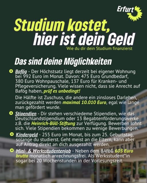 🎓💸 Studium kostet – und darf nicht zur finanziellen Belastung werden!

BAföG, Stipendien und faire Wohnkosten: Es gibt Möglichkeiten, das Studium zu finanzieren. Aber es braucht auch politische Veränderungen, damit Studieren bezahlbar bleibt. 💚

#erfurt #grüneerfurt #bafög #studium #universität