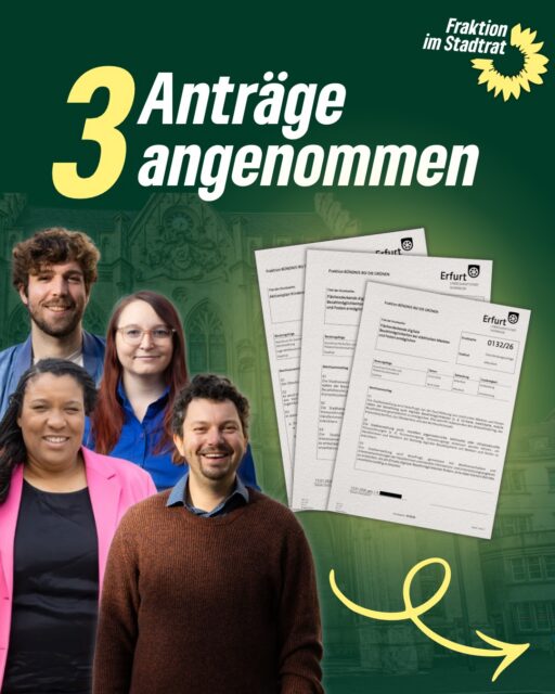 Drei wichtige grüne Anträge im Erfurter Stadtrat – drei starke Signale für soziale Gerechtigkeit, Teilhabe und eine moderne Stadtpolitik💚🌻

📍Aktionsplan Kinderarmut - Kinderarmut in Erfurt darf nicht länger verdrängt werden. Mit unserem Aktionsplan wollen wir gezielt unterstützen, Teilhabe stärken und echte Chancen für alle Kinder schaffen. 👧👦

📍Digitale Bezahlmöglichkeiten - Ob EC-Karte, Smartphone oder Kreditkarte: Digitale Zahlungen gehören heute zum Alltag. Deshalb sollen sie künftig auch auf Erfurter Märkten und Festen selbstverständlich möglich sein. 💳📱

📍Sprach- und Integrationskurse - Sprache ist der Schlüssel für Integration, Arbeit und gesellschaftliche Teilhabe. Wir setzen uns dafür ein, dass Sprach- und Integrationskurse in Erfurt erhalten bleiben. 🗣️🤝

#erfurt #grüneerfurt #grüneimstadtrat #grüne #bündnisgrüne