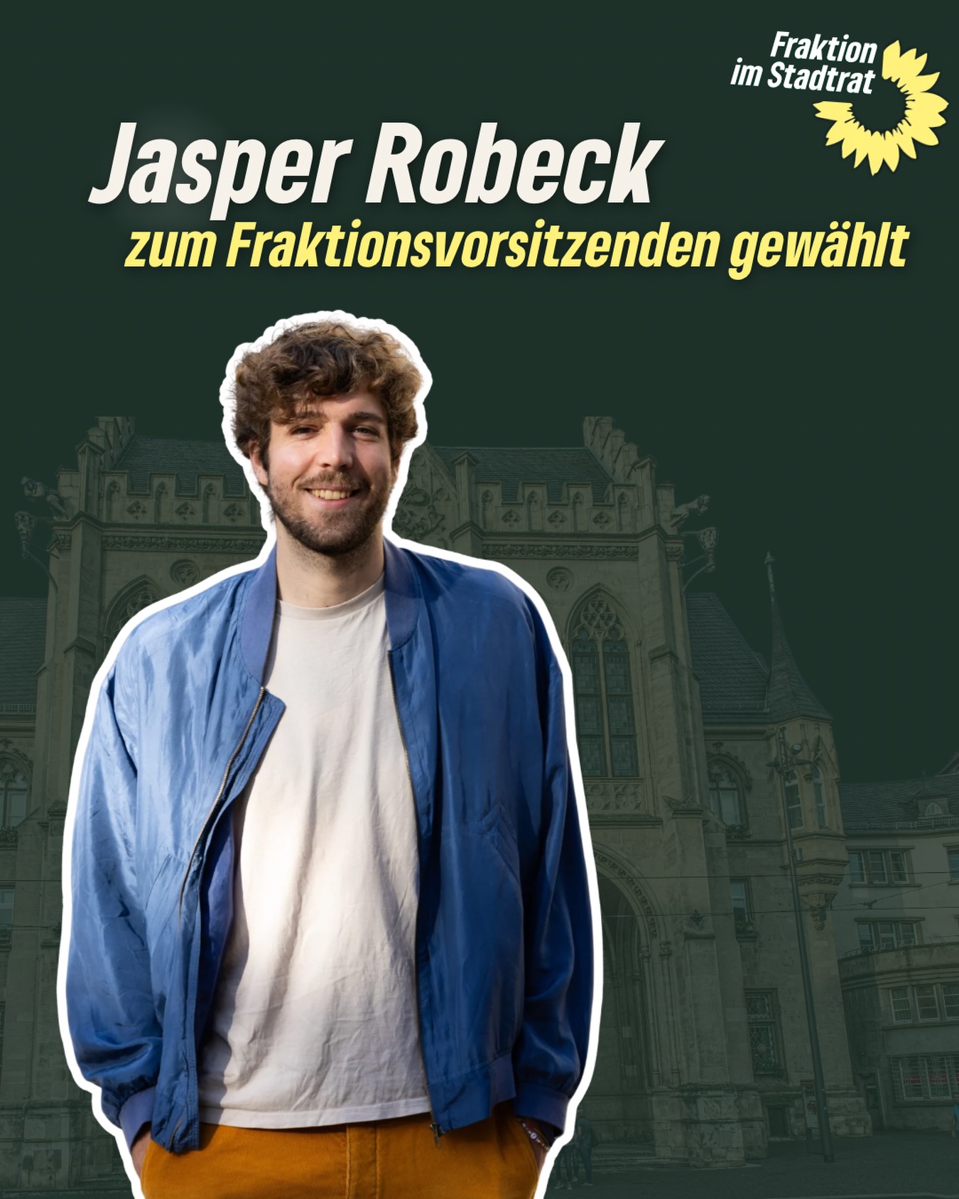 🌻 Neuer Fraktionsvorsitz bei uns im Stadtrat!
Wir freuen uns, dass Jasper Robeck zum neuen Fraktionsvorsitzenden gewählt wurde. 💚Jasper übernimmt diese Verantwortung mit viel Motivation und frischen Ideen.✨Wir freuen uns auf die kommende Zeit und die gemeinsame Arbeit für eine soziale, nachhaltige und lebenswerte Stadt .🌱🏙️

#erfurt #stadtrat #grüneerfurt #grüneimstadtrat #stadtratsfraktion