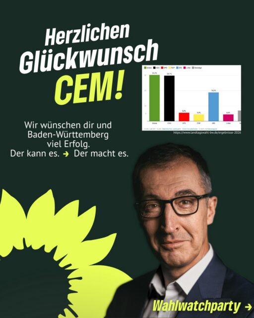 Mit Rückenwind ins Wahljahr 2026! 💨🗳️

Bündnis 90/ Die Grünen können Wahlen gewinnen. 
Mit Pragmatismus und einem positiven Menschenfänger, der mit Erfahrung, einer klaren Haltung angetreten ist. @cem.oezdemir machte den Menschen in Baden-Württemberg und auch seinen politischen Konkurrenten deutlich, dass Glaubwürdigkeit und Nahbarkeit bei den Wählerinnen und Wählern überzeugen.

Wir haben den spannenden Wahlabend haben gemeinsam verfolgt und uns über die historische Aufholjagd gefreut. Herzlichen Glückwunsch geht an die @gruenebw und den zukünftigen ✨Minischderpräsident✨ @cem.oezdemir.

Bei der Kommunalwahl in Bayern konnten unsere bündnisgrünen Freundinnen und Freunde ebenfalls Erfolge feiern. Ein besonderer Glückwunsch geht an unseren Partnerkreisverband @gruenes_bamberg : 
Mit @jonas_gluesenkamp haben sie die Stichwahl um das Oberbürgermeisteramt erreicht. 
Für die nächste Runde sind die Daumen gedrückt. 🙏
 

#erfurt #grüneerfurt #2ö26 #landtagswahlbawü #kommunalwahl2026