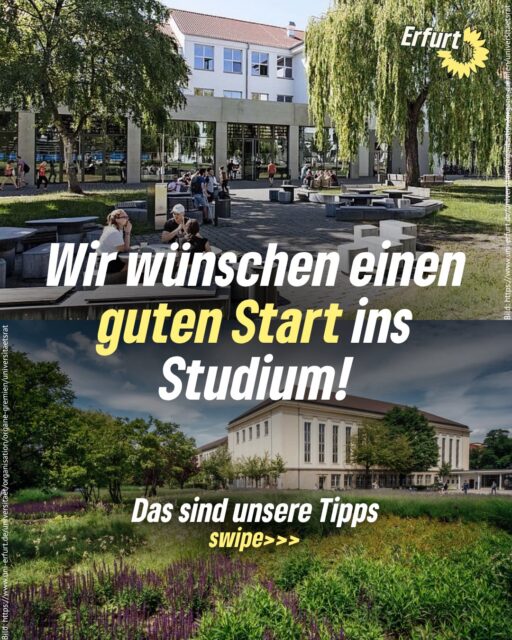 Neu in Erfurt? Wir haben ein paar Tipps für deinen Studienstart! 🌻🎓

Ersti sein bedeutet: neue Leute kennenlernen, die Stadt entdecken und jede Menge erleben! Damit du in Erfurt direkt gut ankommst, haben wir drei Tipps für dich 👉

🎭 Kultursemester­ticket: Dein Semesterbeitrag macht’s möglich – entdecke das Theater Erfurt und die städtischen Museen!

🦉 Nachteulen: Unterwegs in Erfurt und du brauchst Unterstützung? Das Awareness-Team der Erfurter Nachteulen ist für dich da.🦉

🎉 STUDI WELCOME 2026: Am 13.10. heißt es feiern, Leute kennenlernen und gemeinsam ins Studi-Leben starten! 🪩

💬 Jetzt seid ihr dran: Welche Tipps dürfen für Erstis in Erfurt auf keinen Fall fehlen? Schreibt sie in die Kommentare und helft den neuen Studis beim Ankommen! 👇

Wir wünschen euch einen großartigen Start ins Studium🫶

#erfurt #grüneerfurt #unierfurt #fherfurt #studium