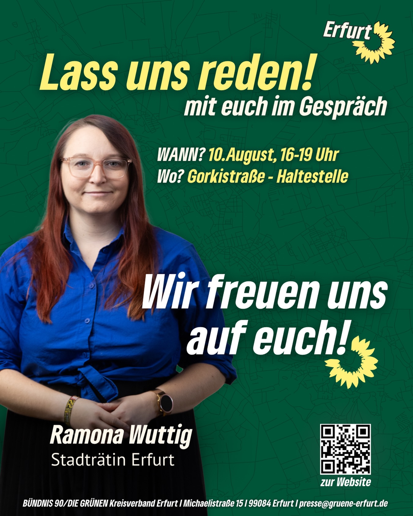 Erfurt, lass uns reden! Wir kommen dahin, wo ihr seid 🧑‍🧑‍🧒‍🧒🗯️

Am 10. August 🗓️ ist Ramona Wuttig bei der – Gorkistraße - Haltestelle, von 16 bis 19 Uhr 🕑 

Was beschäftigt euch in Erfurt? Was läuft gut, was muss sich ändern und welche Ideen habt ihr für unsere Stadt? 💬

Bringt eure Fragen mit. Und gern auch eure Kritik.

📍 Gorkistraße - Haltestelle
🗓 10. August, 16-19 Uhr

#erfurt #grüneerfurt #grünwirkt #grüneimstadtrat #lassunsreden