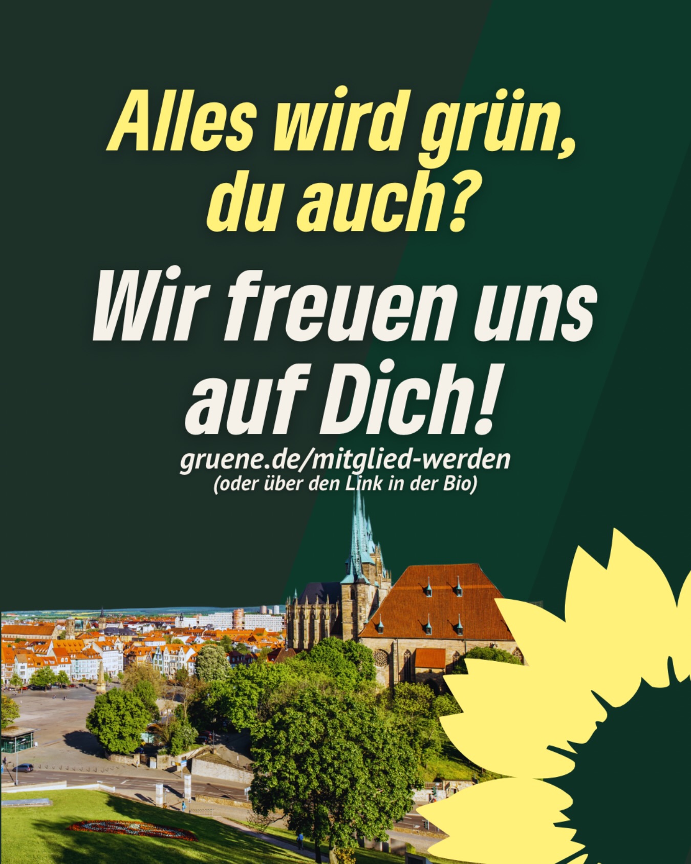 Gemeinsam machen wir unsere Stadt grüner.🌻
Für Klimaschutz, soziale Gerechtigkeit und eine lebenswerte Stadt.
Werde Teil davon und gestalte mit! Wir freuen uns auf dich.
👉 gruene.de/mitglied-werden oder über den Link in unserer Bio.💚

#erfurt #grüneerfurt #mitgliedwerden #gogreen #bündnisgrüne