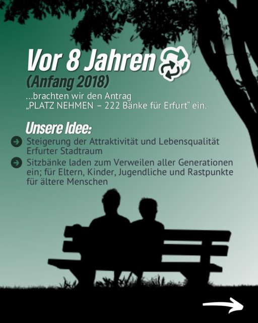 Vor acht Jahren haben wir mit „Platz nehmen – 222 Bänke für Erfurt“ eine einfache Idee gestartet: Mehr Aufenthaltsqualität für alle Generationen.
Trotz anfänglicher Ablehnung haben wir den Antrag 2018 durchgesetzt – inklusive Finanzierung.
Heute, sieben Jahre später, wird das Projekt nicht nur fortgeführt, sondern sogar von anderen Fraktionen als eigene Idee entdeckt.
Und im Stadtentwicklungsausschuss gibt’s jetzt das Update zu den neuen Patenschaftsmodellen.
Kleiner Reminder: Die Idee stammt von uns – den GRÜNEN. 🌿💚

#erfurt #grüneerfurt #stadtrat #stadtraterfurt #222bänke