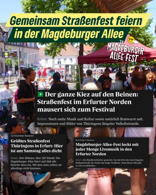Das Magdeburger Allee Fest war auch in diesem Jahr ein voller Erfolg für die Erfurterinnen und Erfurter. Es hat erneut gezeigt, wie lebendig der Erfurter Norden ist und wie stark der Zusammenhalt in unseren Stadtteilen gelebt wird.🧑🧑🧒🧒
Unser herzlicher Dank gilt den Organisatorinnen und Organisatoren, den zahlreichen Helferinnen und Helfern sowie allen Beteiligten, die dieses besondere Fest möglich gemacht haben. Das Magdeburger Allee Fest ist längst eine feste Größe im Veranstaltungskalender unserer Stadt und ein wichtiger Treffpunkt für Begegnung, Kultur und gemeinsames Miteinander.
Vielen Dank für die vielen interessanten Gespräche an unserem Stand, die herzlichen Begegnungen und die gute Stimmung entlang der Magdeburger Allee. Wir freuen uns schon auf das nächste Jahr!
#erfurt #grüneerfurt #magdeburgerallee #magdeburgerallefest #erfurternorden