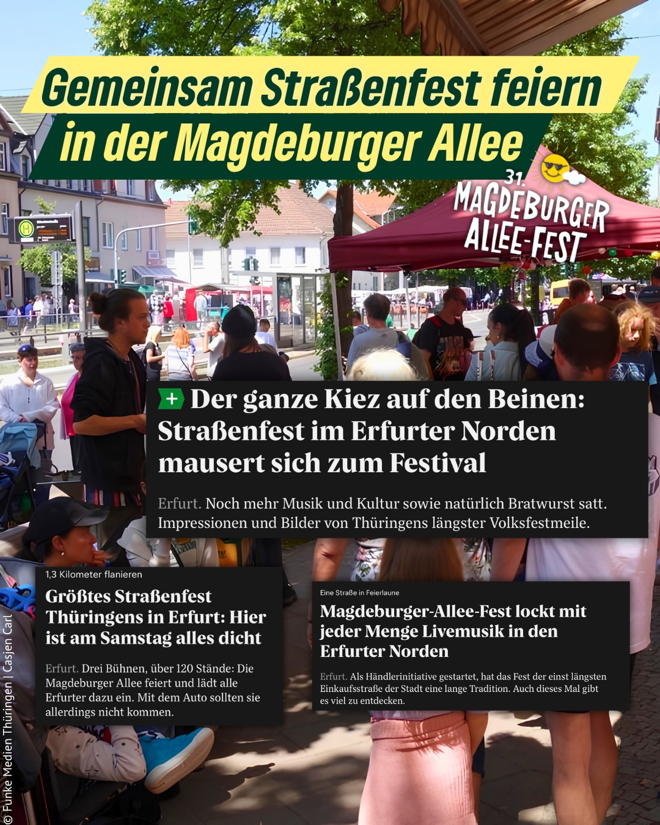 Das Magdeburger Allee Fest war auch in diesem Jahr ein voller Erfolg für die Erfurterinnen und Erfurter. Es hat erneut gezeigt, wie lebendig der Erfurter Norden ist und wie stark der Zusammenhalt in unseren Stadtteilen gelebt wird.🧑🧑🧒🧒
Unser herzlicher Dank gilt den Organisatorinnen und Organisatoren, den zahlreichen Helferinnen und Helfern sowie allen Beteiligten, die dieses besondere Fest möglich gemacht haben. Das Magdeburger Allee Fest ist längst eine feste Größe im Veranstaltungskalender unserer Stadt und ein wichtiger Treffpunkt für Begegnung, Kultur und gemeinsames Miteinander.
Vielen Dank für die vielen interessanten Gespräche an unserem Stand, die herzlichen Begegnungen und die gute Stimmung entlang der Magdeburger Allee. Wir freuen uns schon auf das nächste Jahr!
#erfurt #grüneerfurt #magdeburgerallee #magdeburgerallefest #erfurternorden