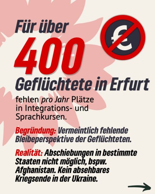 🚫📚 Über 400 Geflüchteten in Erfurt fehlen jedes Jahr Plätze in Integrations- und Sprachkursen.
👉 Begründung: „fehlende Bleibeperspektive“
👉 Realität: Viele bleiben – aber ohne Zugang zu Sprache, Arbeit und Integration.
❗ Folgen:
• Kein Sprachkurs = kaum Jobchancen
• Längere Abhängigkeit von staatlicher Unterstützung
• Gleichzeitig fehlen Fachkräfte
🇩🇪 Bundesweit betrifft das über 130.000 Menschen.
💡 Unsere Lösung:
• Freiwillige Sprachkurse fördern
• Integration sichern
• Zugang zum Arbeitsmarkt erleichtern
Integration spart langfristig Kosten – Nichtstun wird teuer. 💸
#erfurt #grüneerfurt #integration #sprachkurse #bamf