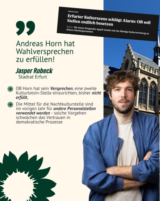 🎭 Kultur braucht Verlässlichkeit.
Im Haushalt wurde die Einrichtung einer zweiten Kulturlotsin- bzw. Nachtkulturstelle beschlossen. Dieses Versprechen wurde bisher jedoch nicht umgesetzt. Stattdessen wurden die dafür vorgesehenen Mittel für andere Personalstellen verwendet.
🏛️ Mit unseren Stimmen hat der Oberbürgermeister seine Projekte im Haushalt durchsetzen können. Umso wichtiger ist es, dass auch die gemeinsam vereinbarten Vorhaben umgesetzt werden.
💬 Wer politische Zusagen macht, muss sie einhalten. Andernfalls leidet das Vertrauen in demokratische Prozesse und politische Entscheidungen.
🌙 Die Erfurter Kulturszene wartet auf konkrete Unterstützung – nicht auf weitere Verschiebungen. Deshalb fordern wir: Wahlversprechen einhalten und die zweite Kulturlotsin-Stelle endlich besetzen!
#erfurt #grüneerfurt #grüneimstadtrat #stadtraterfurt #kulturszeneerfurt