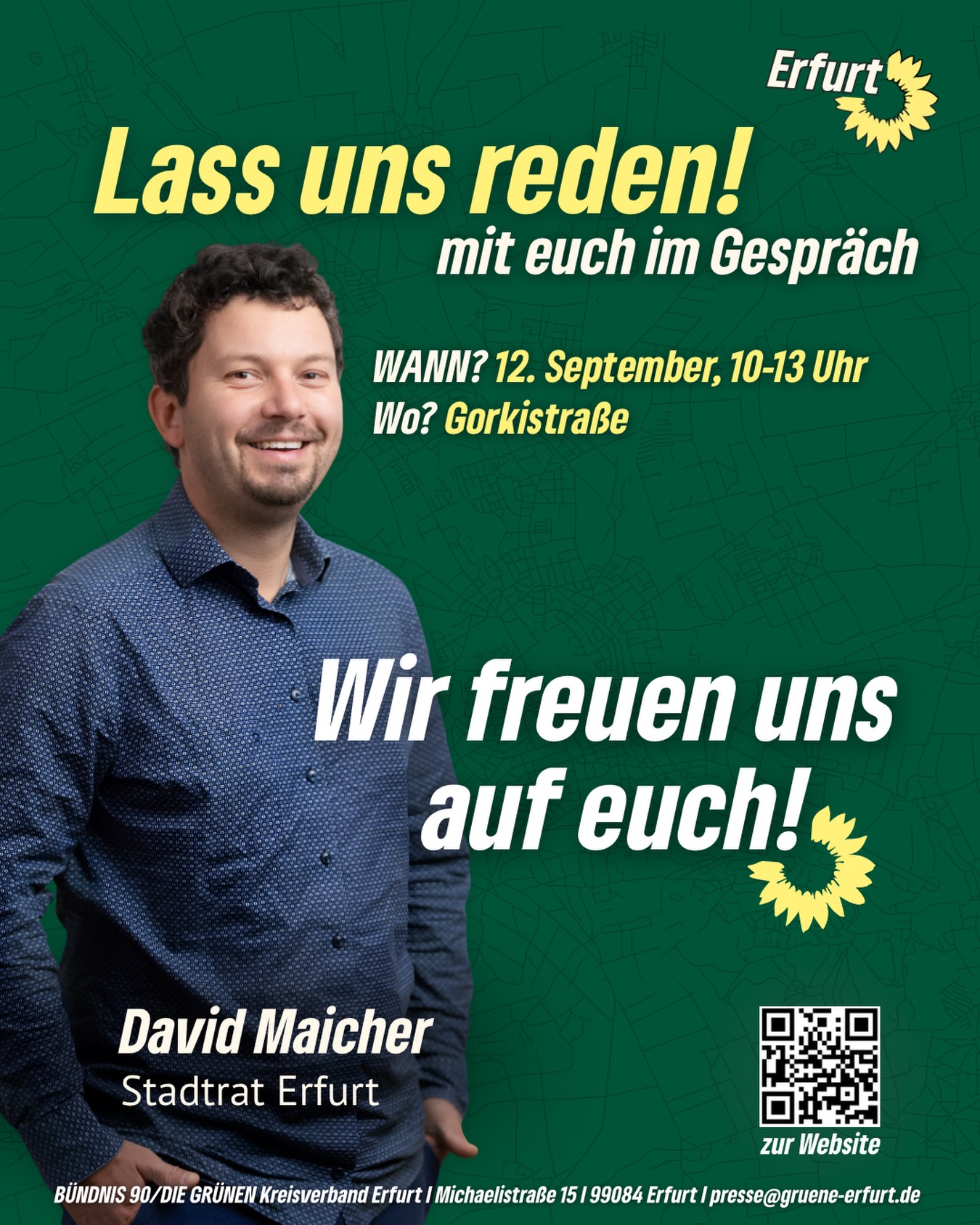Erfurt, lass uns reden! 🗣️
Am Samstag, den 12. September 🗓️ ist unser Stadtrat David Maicher bei der – Gorkistraße - Haltestelle, von 10 bis 13 Uhr 🕑
Was beschäftigt euch in Erfurt? Was läuft gut, was muss sich ändern und welche Ideen habt ihr für unsere Stadt? 💬
Bringt eure Fragen mit. Und gern auch eure Kritik.
📍 Gorkistraße - Haltestelle
🗓 12. September , 10-13Uhr
#erfurt #grüneerfurt #grünwirkt #grüneimstadtrat #lassunsreden